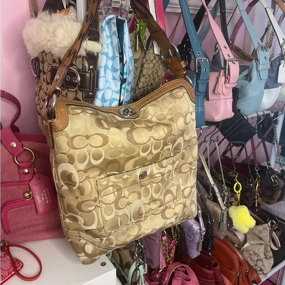 Coach Beige and Brown Signature Shoulder Bag